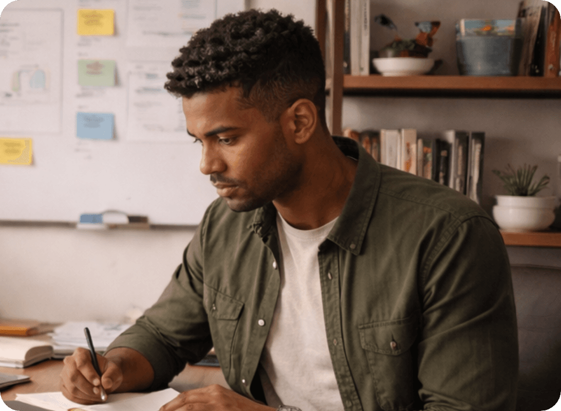 Founder at a desk with laptop and workspace